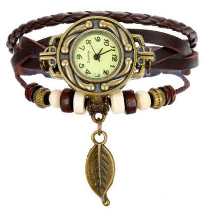 Жіночі годинники з кожзам ремінцем під старовину з брелоком "листочок", жіночі годинники, фото 2