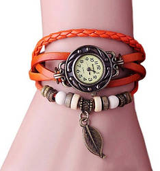 Жіночі годинники з кожзам ремінцем під старовину з брелоком "листочок", жіночі годинники Помаранчевий