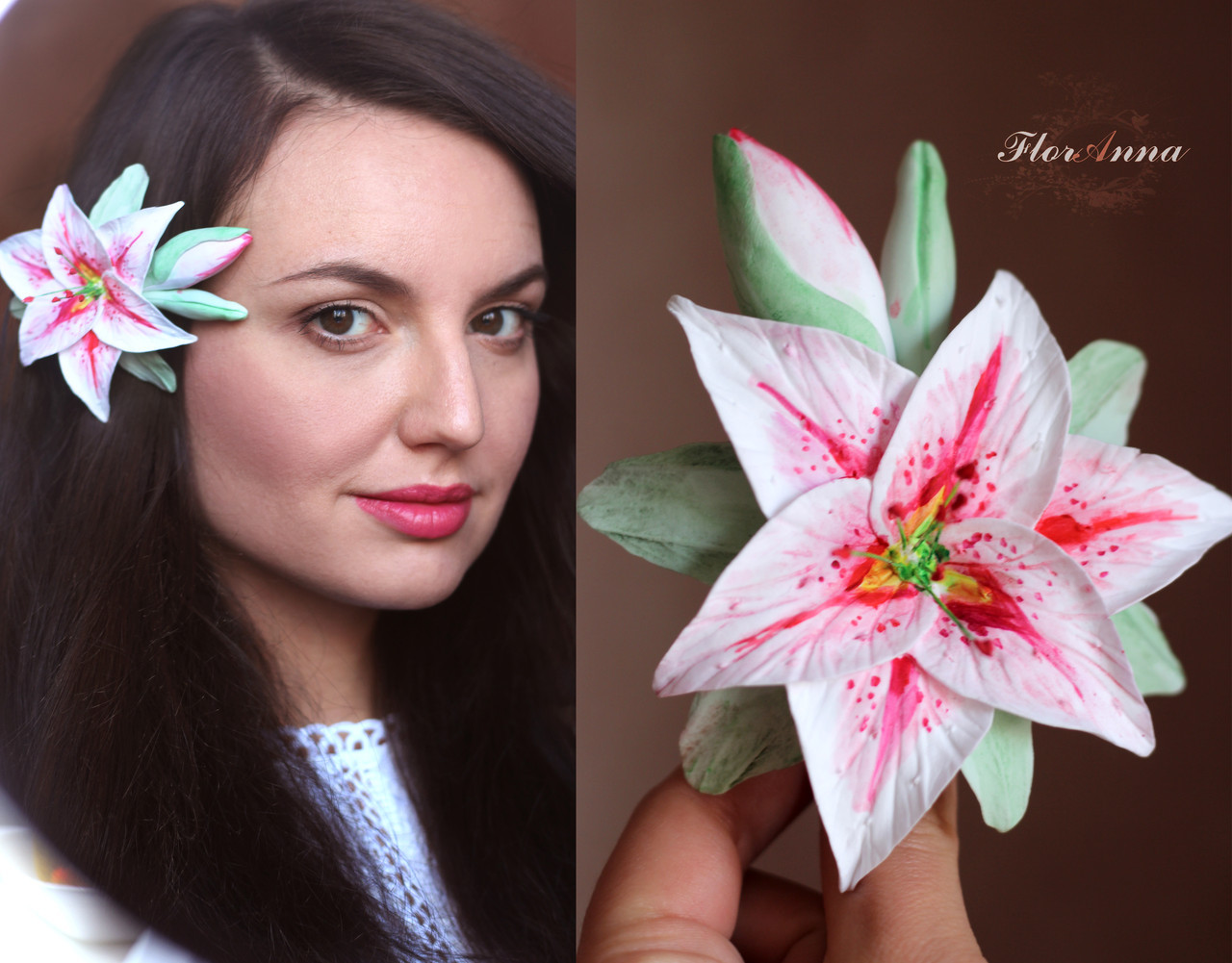 Заколка для Волос с Цветком Ручной Работы "Розовая Лилия с Бутонами ...