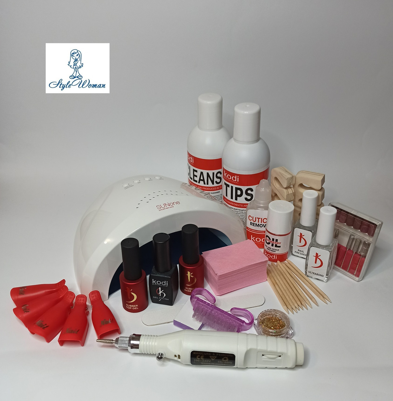 Стартовий набір манікюр гель лаком коди для початківців із лампою SunOne LL11 і ручкою фрезером 21 предмет