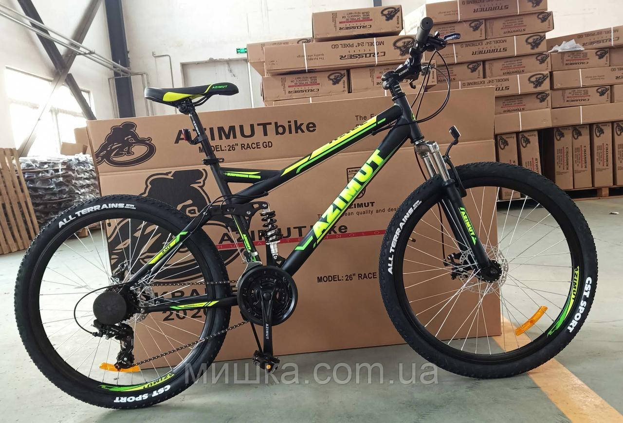 Велосипед гірський двопідвісний AZIMUT Race GFRD 26" рама 18", чорно-салатовий, фото 1