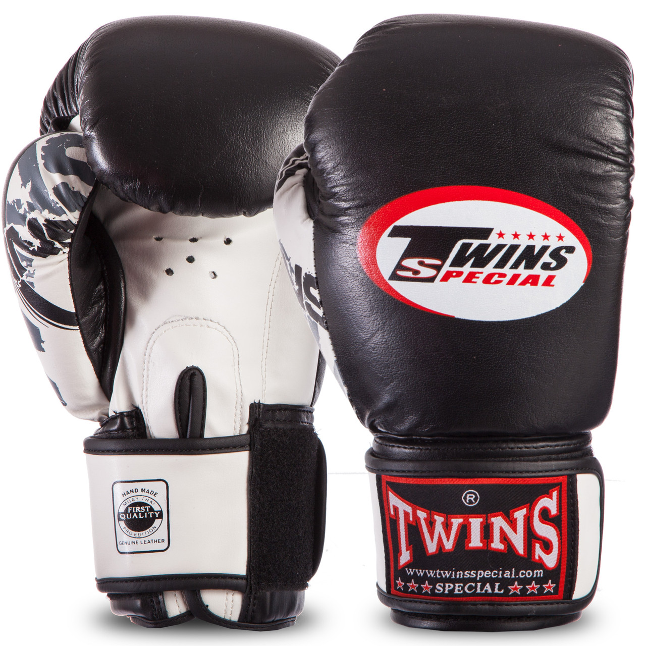 Рукавиці боксерські шкіряні на липучці TWIN CLASSIC 0269 (р-р 10-16oz, чорний-білий)