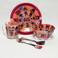 Дитячий набір скляного посуду для годування Лол (Lol) рожевий 5 предметів Metr+