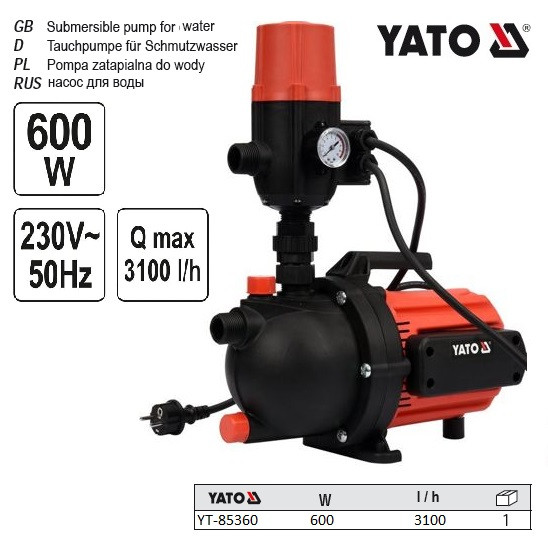 Насос для води поверхневий мережевий YATO : 600 Вт, 3100 л/год, макс.висота- 35 м, макс.глибина- 9 м YT-85360