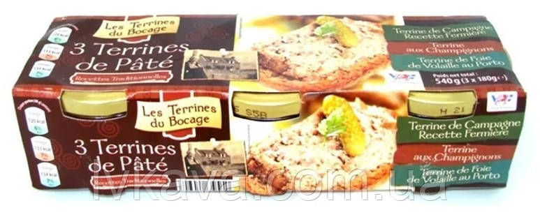 Набір паштетів 3 Terrines de Pate Les Terrines du Bocage , 540 гр ( 3 х 180 гр )