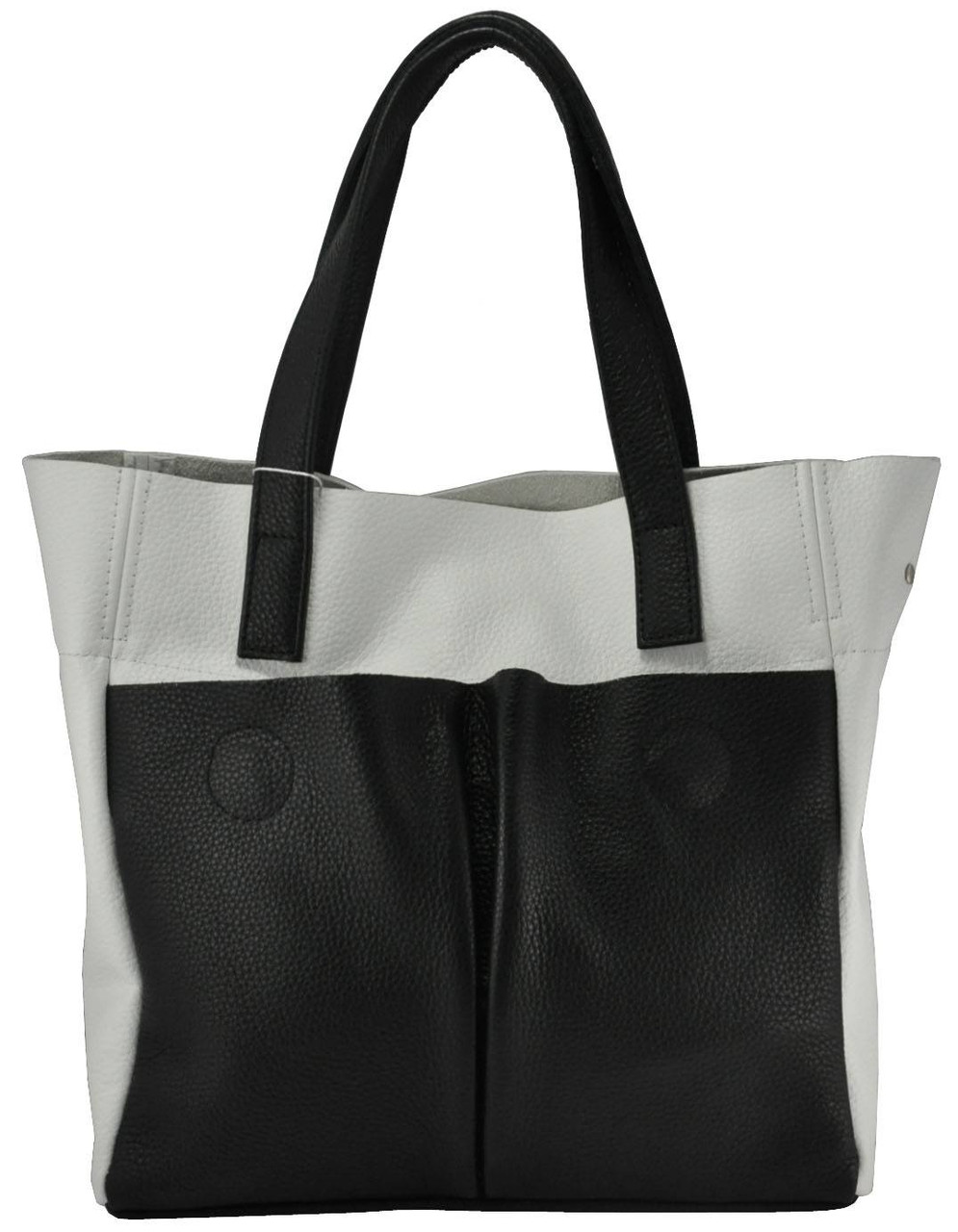 Жіноча шкіряна сумка з кишенями біла з чорним