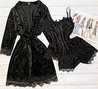 Женский велюровый халат S-M черный