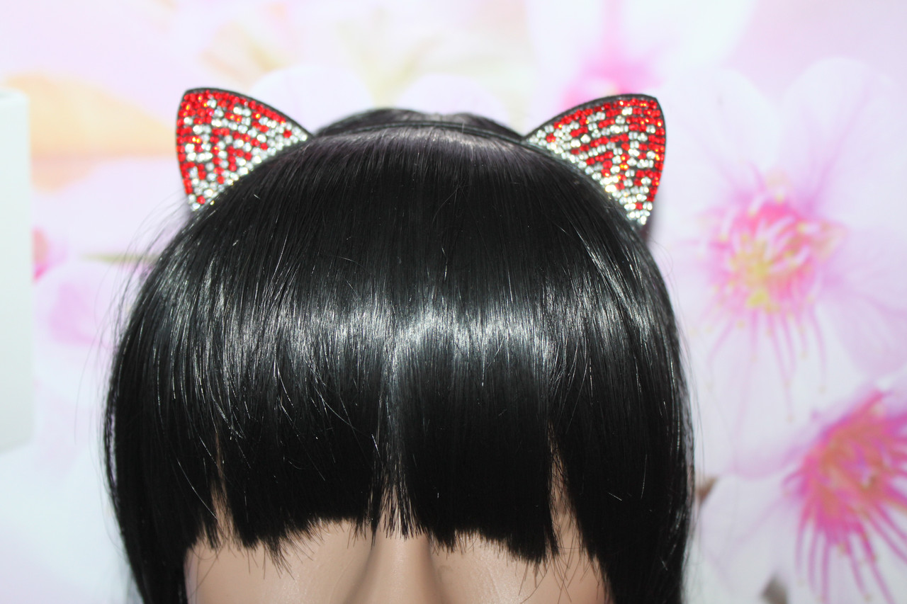 Чудовий металевий обруч чорний з вушками прикрашений червоними і білими каменями, фото 1