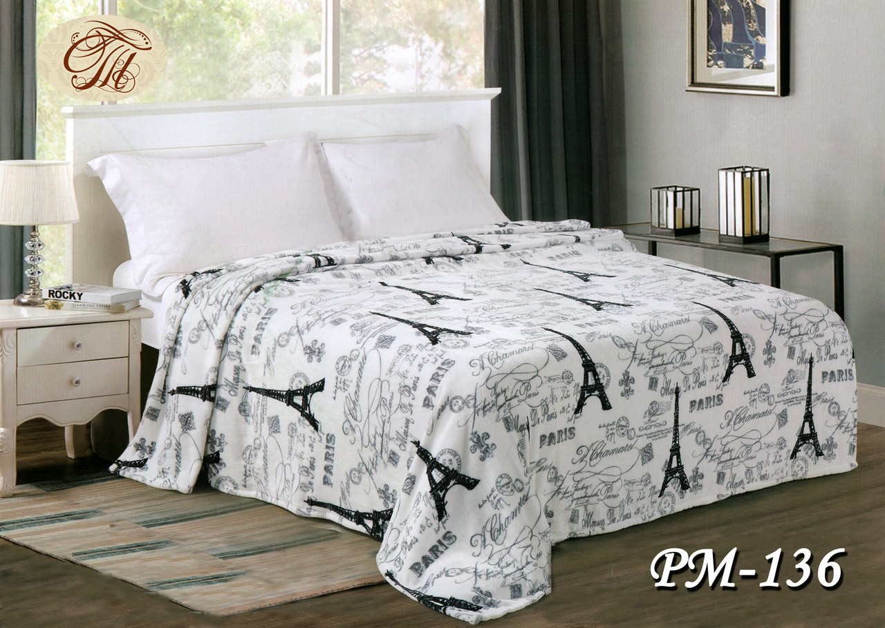 Плед із флісу Париж на білому (140*210), фото 1