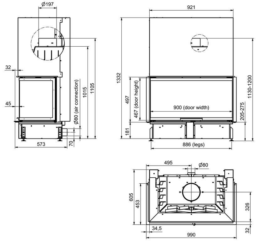 Каминная топка Technical PanTech 100 EVO U LD с керамикой - фото 3 - id-p1137522284