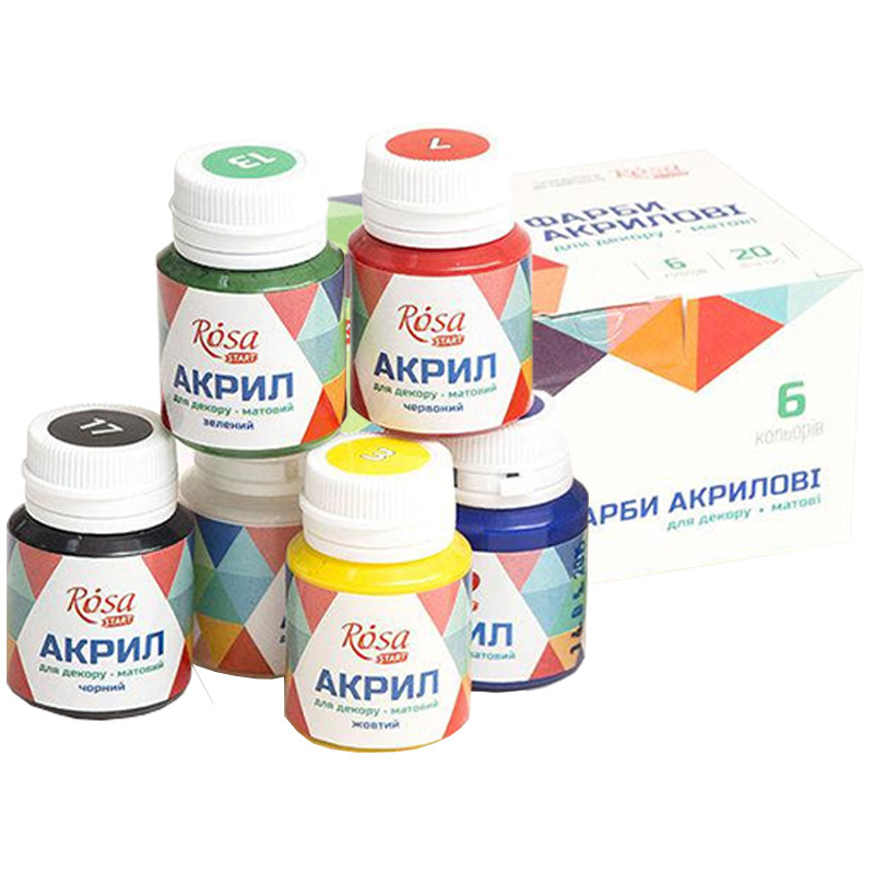 Набор акриловых красок для декора ROSA START матовый 6 цветов 20 мл ...