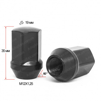 Гайка колісна М12x1,25x35мм Конус (Nissan, Subaru, Suzuki, Niva, Matiz) Чорна Ключ 19