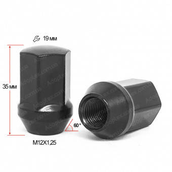 Гайка колісна М12x1,25x35мм Конус (Nissan, Subaru, Suzuki, Niva, Matiz) Чорна Ключ 19, фото 1
