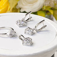 Комплект серебряный Бриллиант кольцо сережки и кулон с фианитами