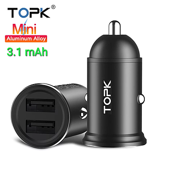 Автомобільне USB зарядний пристрій в прикурювач фірми TOPK c двома портами.