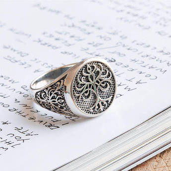 Каблучка срібна чоловіча печатка Дерево Життя з об'ємним малюнком