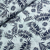 Батист вишитий з синіми квітами і листям на білому, ширина 140 см