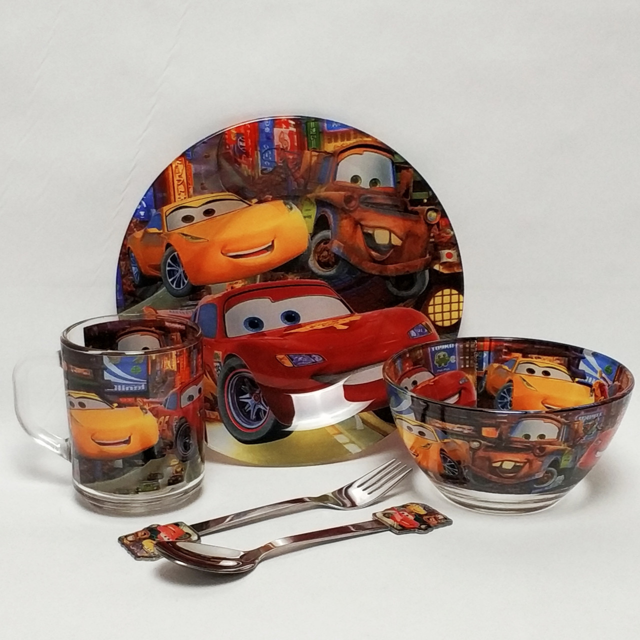 Дитячий набір скляного посуду для годування Тачки Блискавка Маквин 5 предметів Metr+