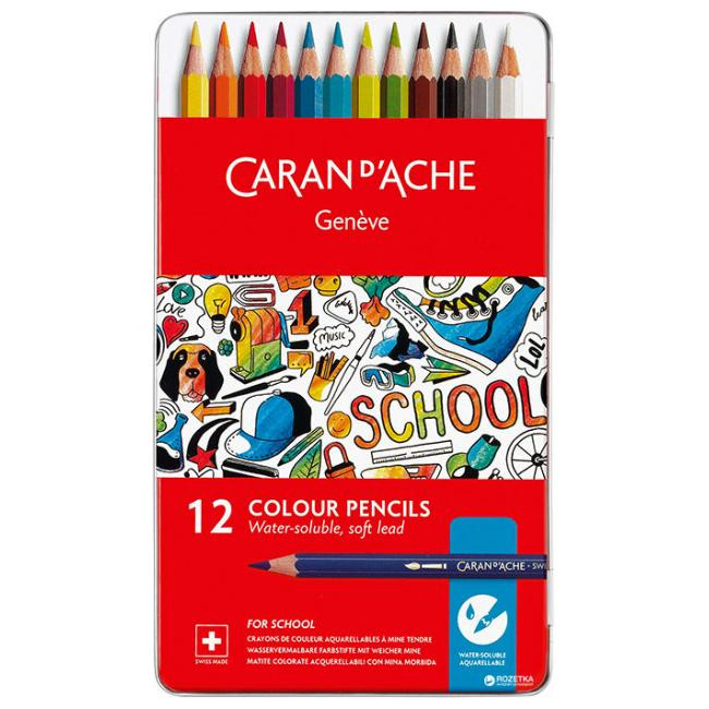 Набір акварельних олівців Caran d'Ache School Line металевий бокс, 12 кольорів 1290.312 (7630002330749)