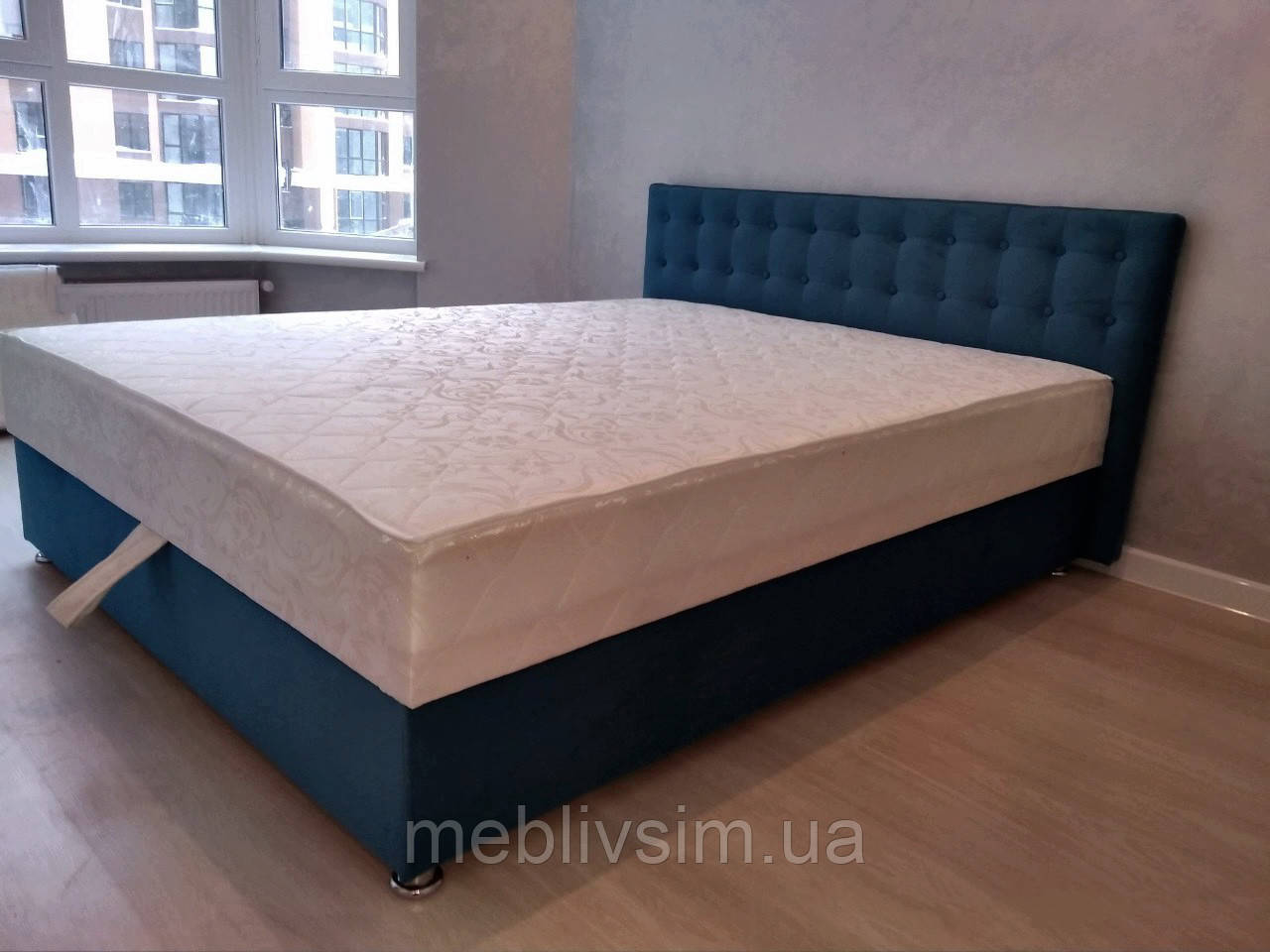 Ліжко Альянс Каміла 1,6 в велюровою оббивці бірюзового кольору з матрацом та підйомним механізмом з гудзиками, фото 1