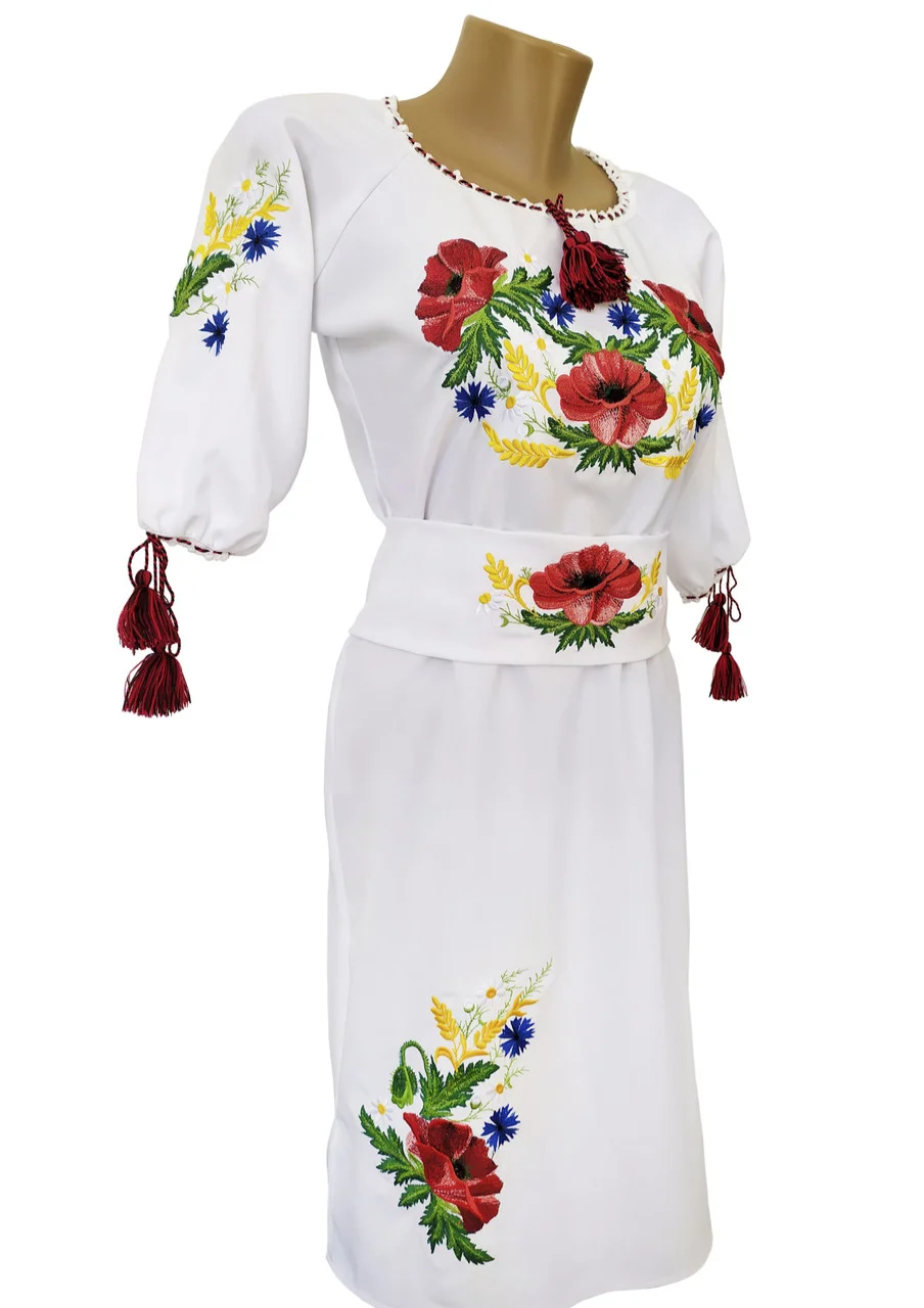 Сукня жіноча Вишиванка вишита з поясом біле Квіти Колоски р. 42 - 60