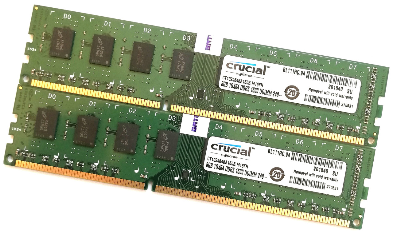 Пара оперативной памяти Crucial DDR3 16Gb (8Gb+8Gb) 1600MHz PC3 12800U 2R8 CL11 (CT102464BA160B.M16FN) Б/У