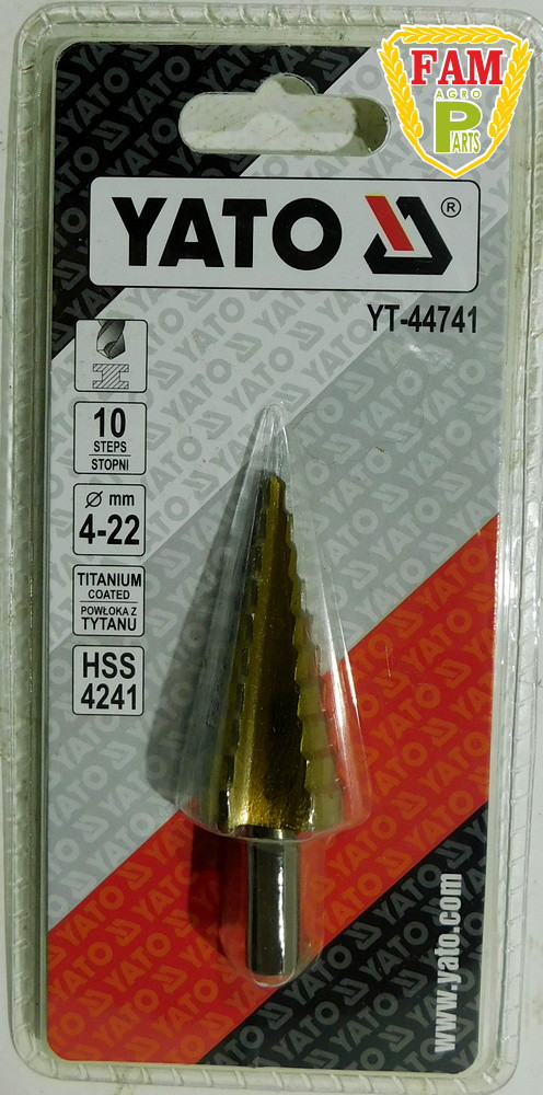 Свердло конічне ступеневу титанове по металу YATO: HSS 4241, Ø = 4-22 мм, L = 75 мм, YT-44741