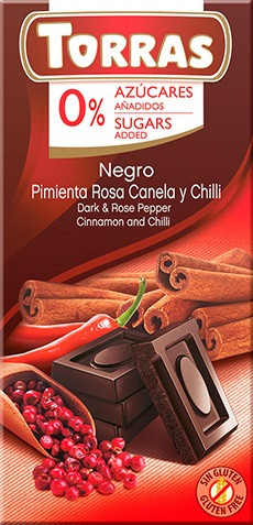 Шоколад TORRAS Pimienta Rosa Caneka y Chilli (Чорний з корицею і перцем чилі), 75г