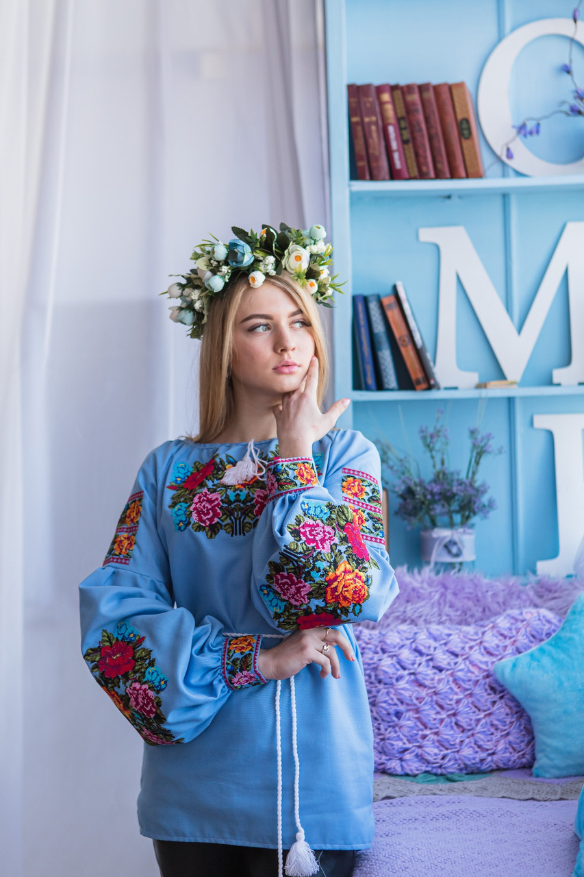 Вишиванка жіноча Трояда блакитна домоткане полотно, фото 1