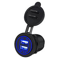 Автомобильный врезной адаптер 12v, 24v / 2 USB / 2.1+1A (синяя подсветка, с резьбой)