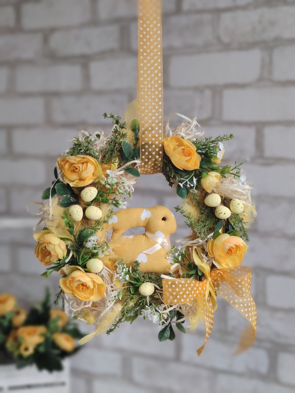 Велікодній віночок з кроликом, вінок великодній на двері, D-27 см, фото 1