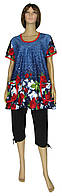 Туника женская летняя трикотажная с карманами 19044 Dasha Batal коттон Темно-синяя с красными розами
