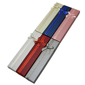 Коробочка прямокутна картонна з бантом мікс кольорів під прикраси розмір 21х4,5х2 см 12 штук в упаковці