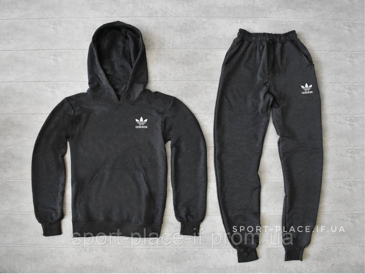 Чоловічий спортивний костюм Adidas (Адідас) темно сірий , толстовка маленька біла емблема, штани худі кенгуру
