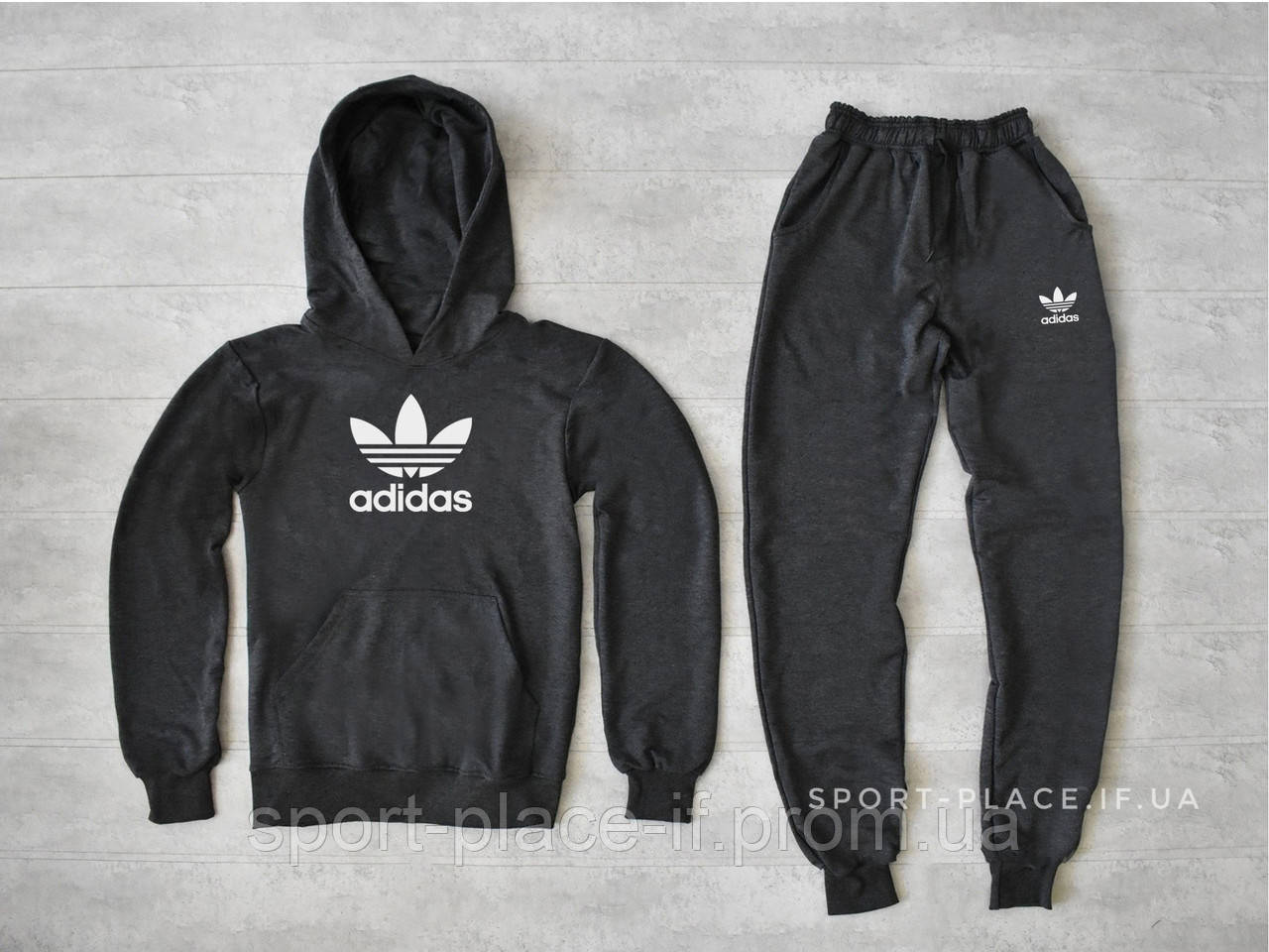 Чоловічий спортивний костюм Adidas (Адідас) темно сірий , толстовка велика біла емблема, штани худі кенгуру