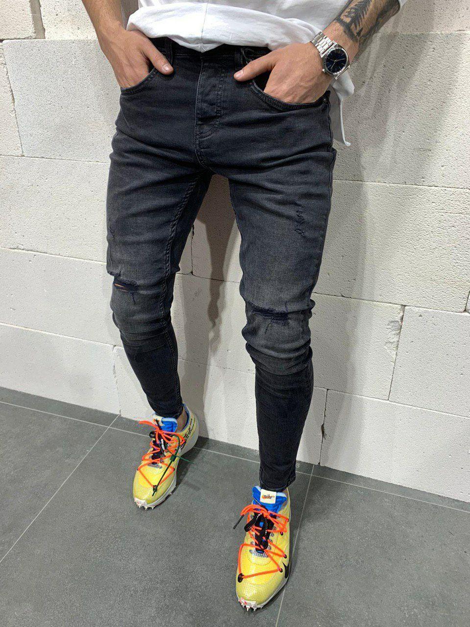 Темно-серые рваные джинсы мужские зауженные внизу slim fit Турецкие ...