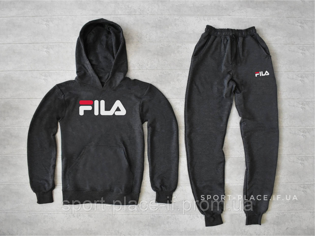 Чоловічий спортивний костюм Fila (Філа) темно сірий , толстовка велика біла емблема, штани худі кенгуру