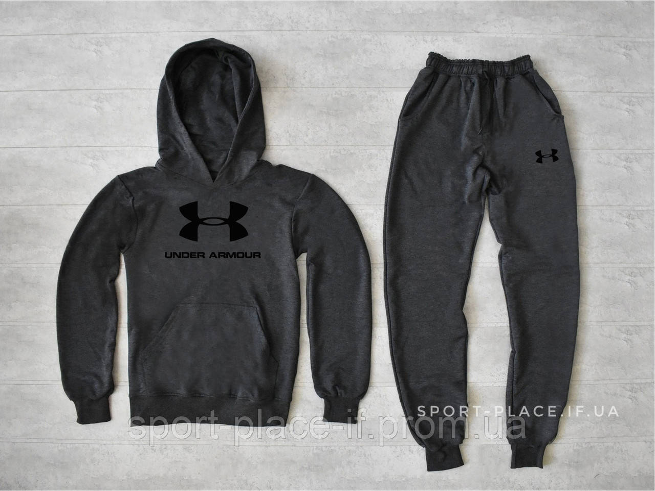 Чоловічий спортивний костюм Under Armour (Андер Армор) темно сірий толстовка велика чорна емблема худі кенгуру