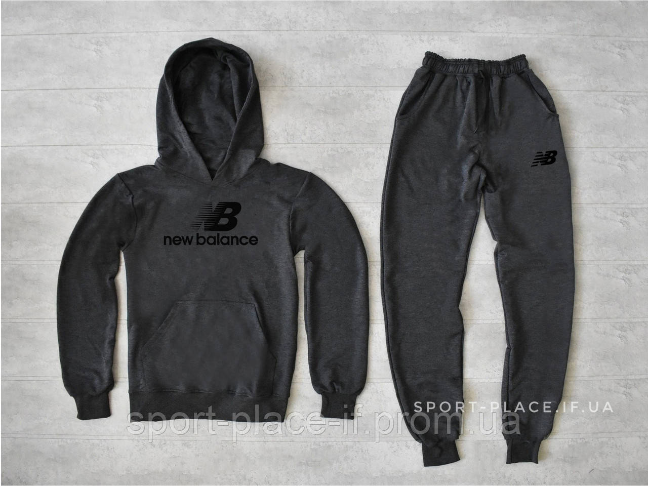 Чоловічий спортивний костюм New Balance (Нью Беланс) темно сірий , толстовка велика чорна емблема худі кенгуру