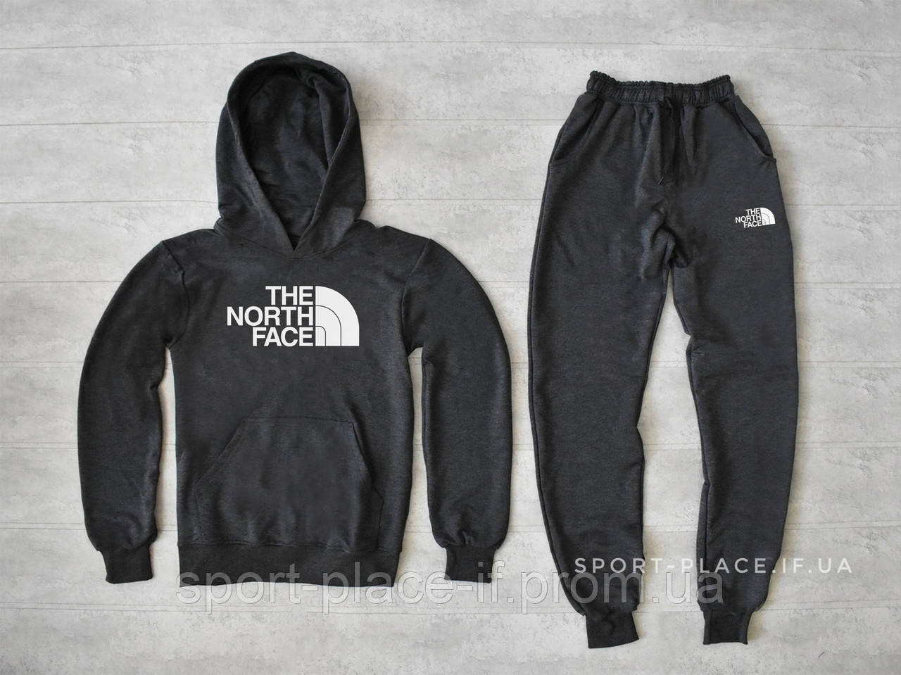 Чоловічий спортивний костюм The North Face (Норс Фейс) темно сірий толстовка велика біла емблема худі кенгуру