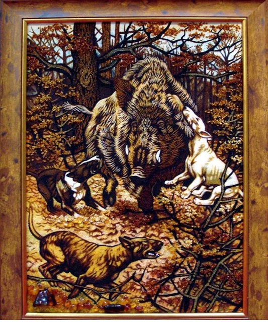 Картина з бурштину "Полювання" 30*40 см, фото 1