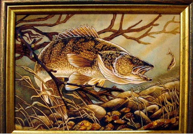 Картина з бурштину для рибалки, картина щука 30*40 см, фото 1