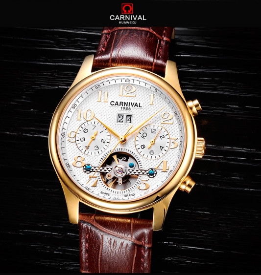Чоловічий механічний годинник Carnival Swiss Brown (автопідзавод, 25 каменів, сапфірове скло), фото 1
