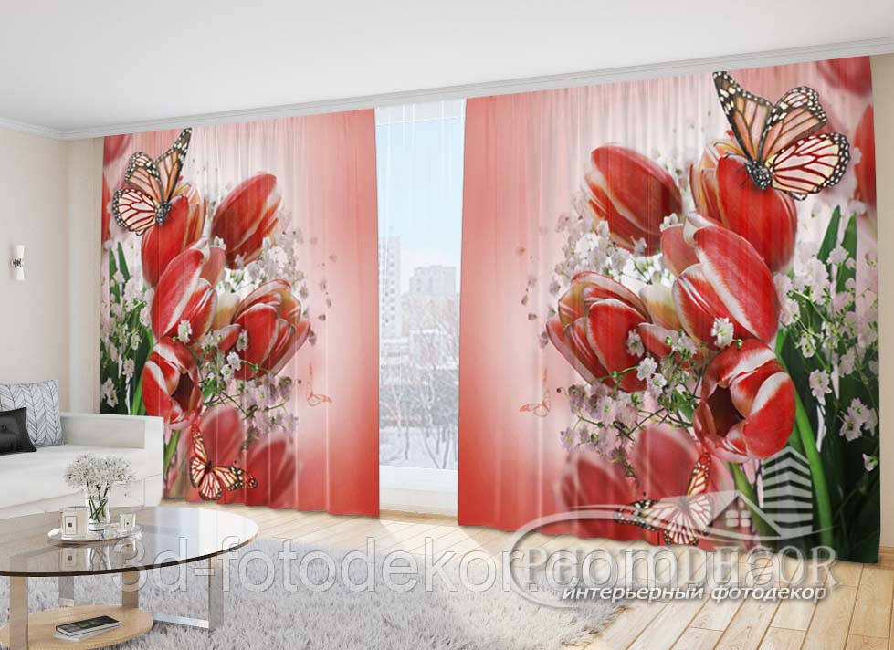 Фото Штори "Метелики з тюльпанами" 2,7м*4,0м (2 полотна по 2,0м), тасьма