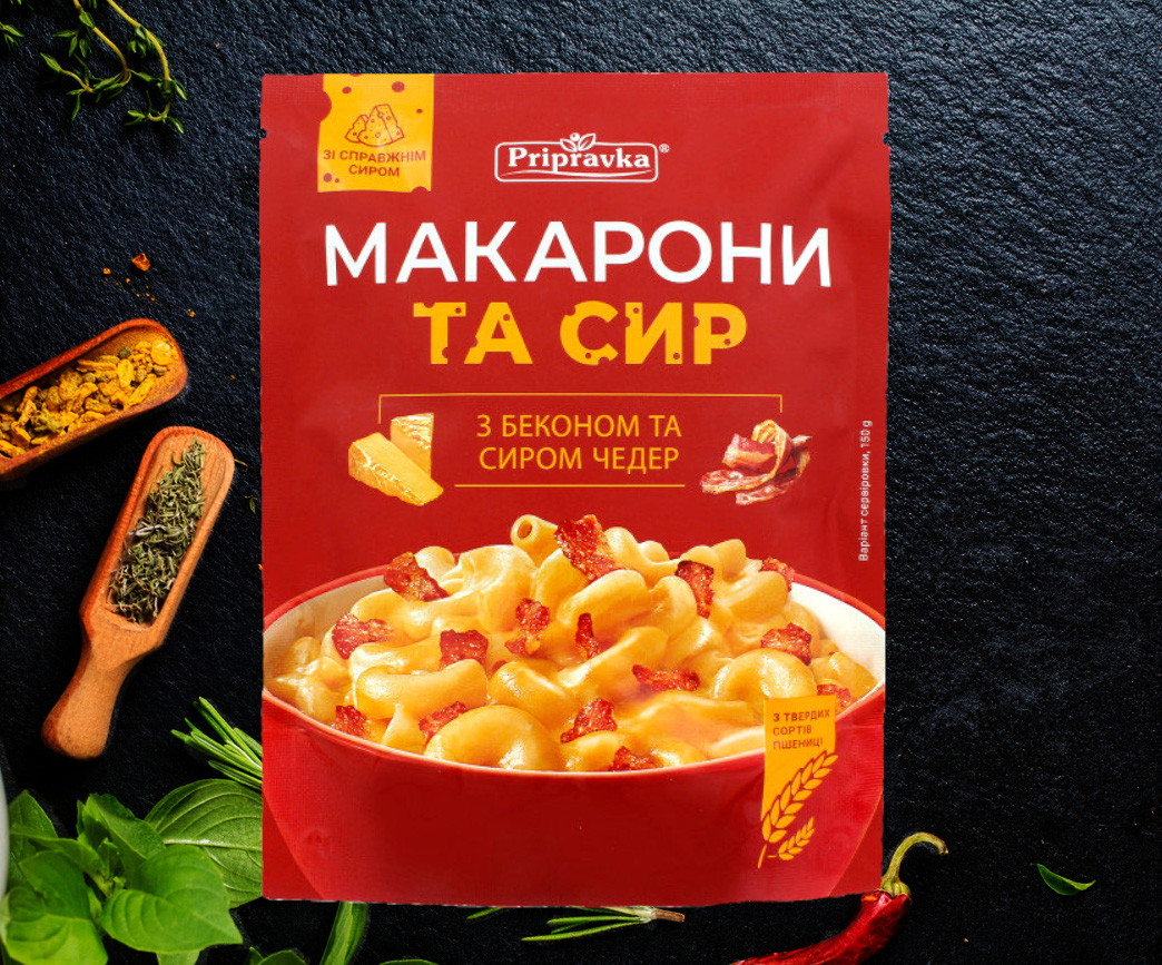 ТМ "Приправка" Макарони та сир, з беконом та сиром Чеддер150 г. (8шт в ящ)