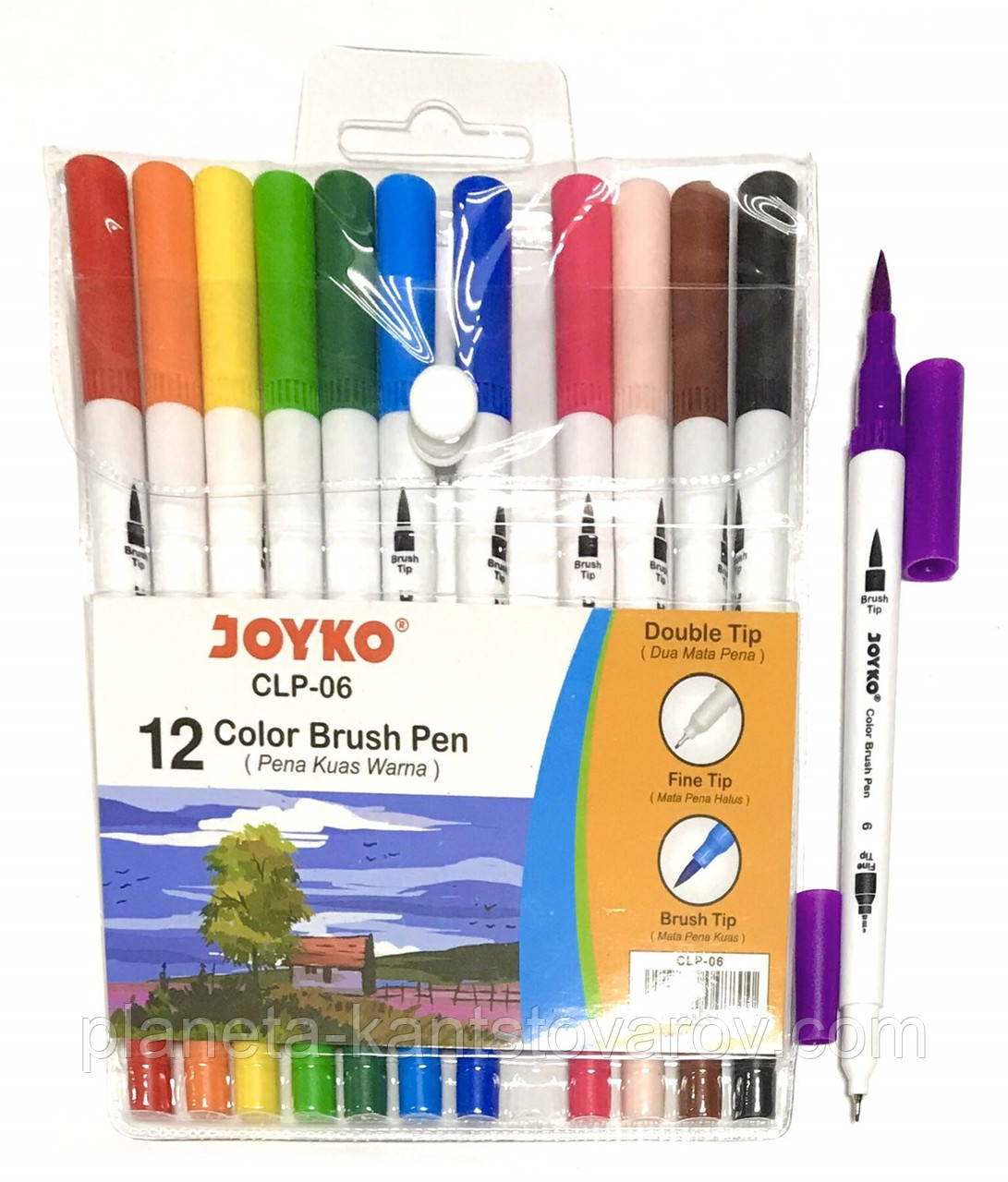 Фломастери двосторонні JOYCO 12 кольорів з м'якою кистю + LINER CLP-06