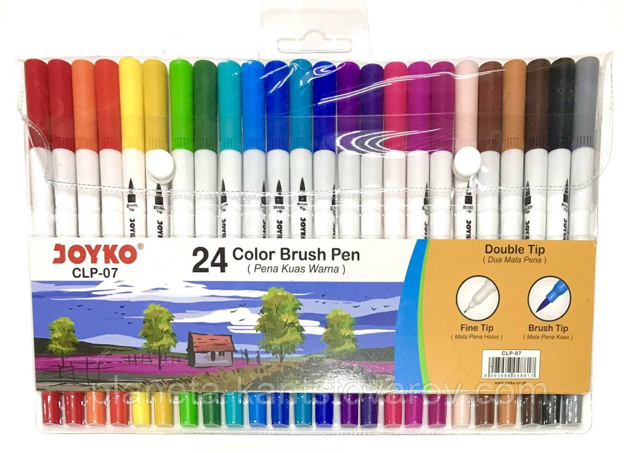 Фломастери двосторонні JOYCO 24 кольору з м'якою кистю + LINER CLP-07