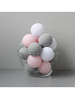 Гирлянда "Хлопковые шарики" (20 шариков 3,20см) нежно-розовый белый серый