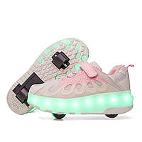 Роликовые кроссовки с LED подсветкой, розовый с бежевым на 2-х колесах, размеры 30-39 (LR 1227)