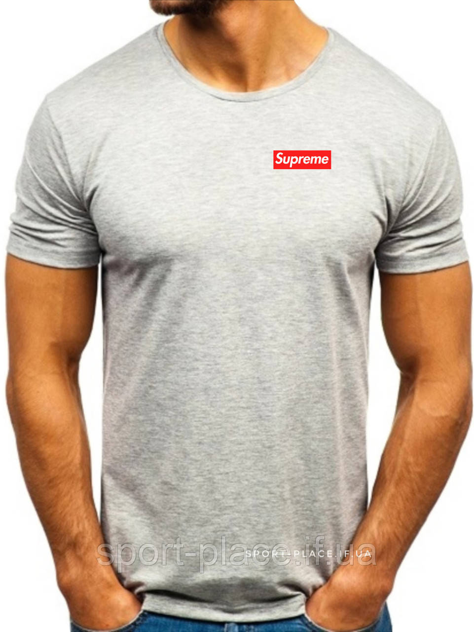 Чоловіча футболка Supreme (Ідеальна) сіра (маленька емблема) бавовна